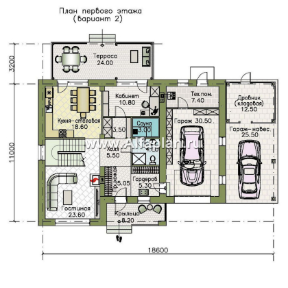 Проекты домов Альфаплан - "Ладога" - проект двухэтажного дома из газобетона, с террасой, планировка с гаражом - превью плана проекта №2