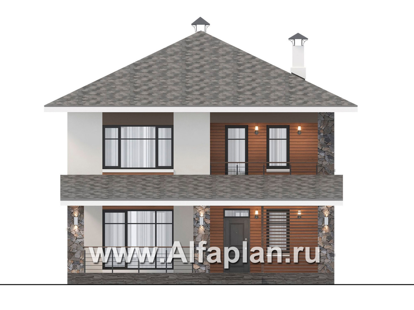 Проекты домов Альфаплан - "Отрадное" - проект двухэтажного дома из газобетона, с террасой на главном фасаде - изображение фасада №1