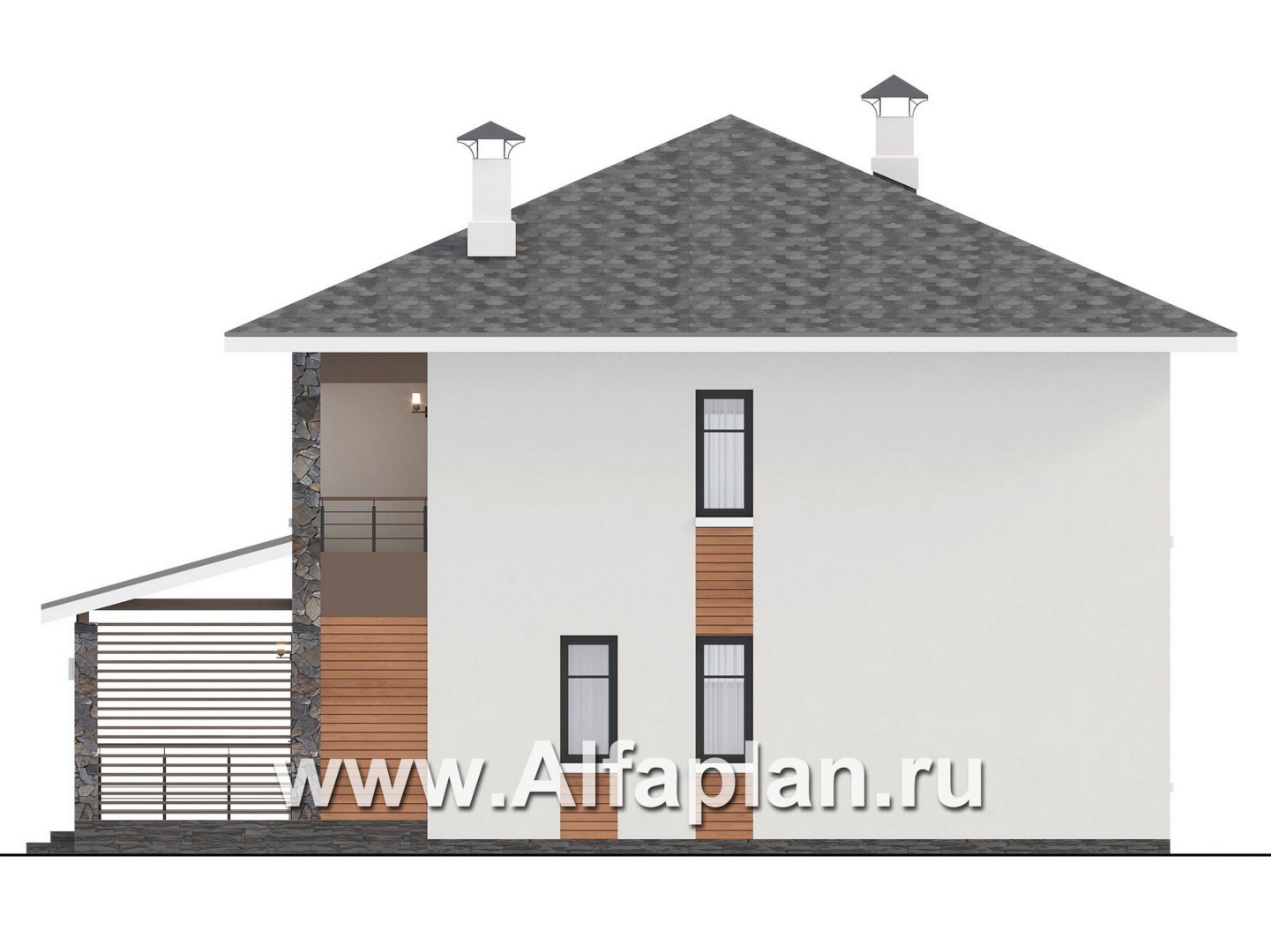 Проекты домов Альфаплан - "Отрадное" - проект двухэтажного дома из газобетона, с террасой на главном фасаде - изображение фасада №2