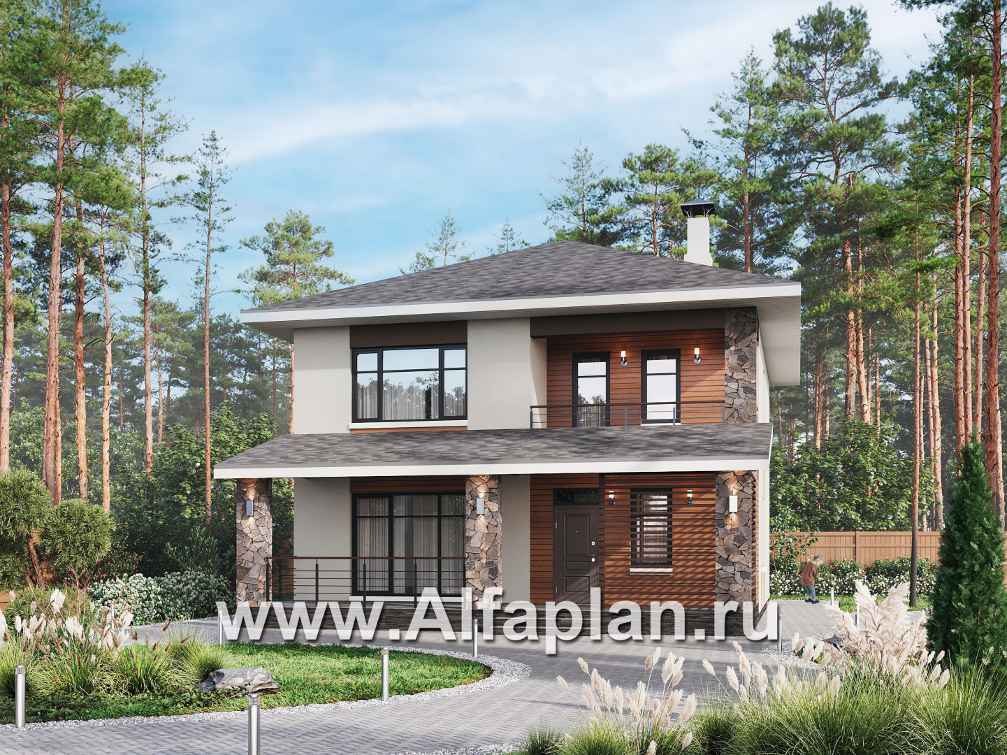 Проекты домов Альфаплан - "Отрадное" - проект двухэтажного дома из газобетона, с террасой на главном фасаде - основное изображение