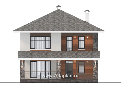 Проекты домов Альфаплан - "Отрадное" - проект двухэтажного дома из газобетона, с террасой на главном фасаде - превью фасада №1