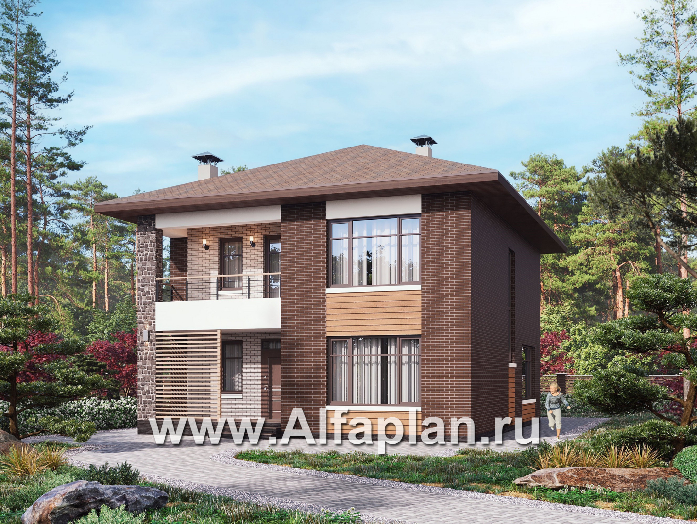 Проекты домов Альфаплан - "Селигер" - проект двухэтажного дома из газобетона, с террасой, отличная планировка - основное изображение