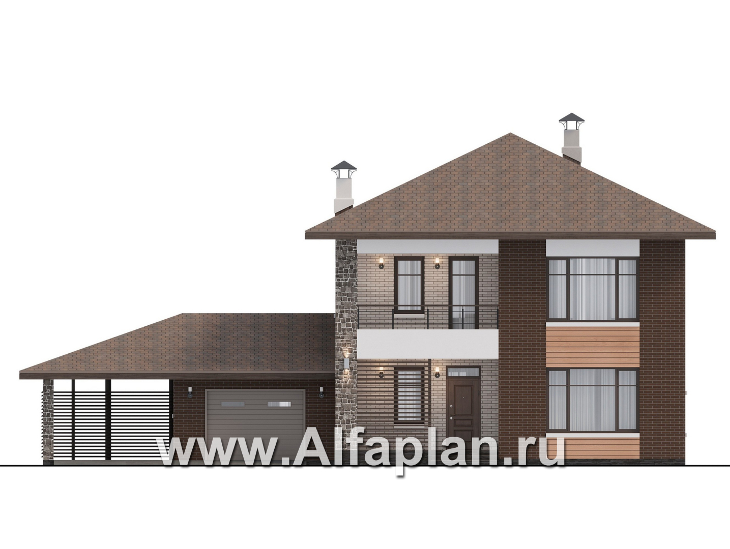 Проекты домов Альфаплан - "Селигер" - проект двухэтажного дома из газобетона, с гаражом на 2 авто - изображение фасада №1