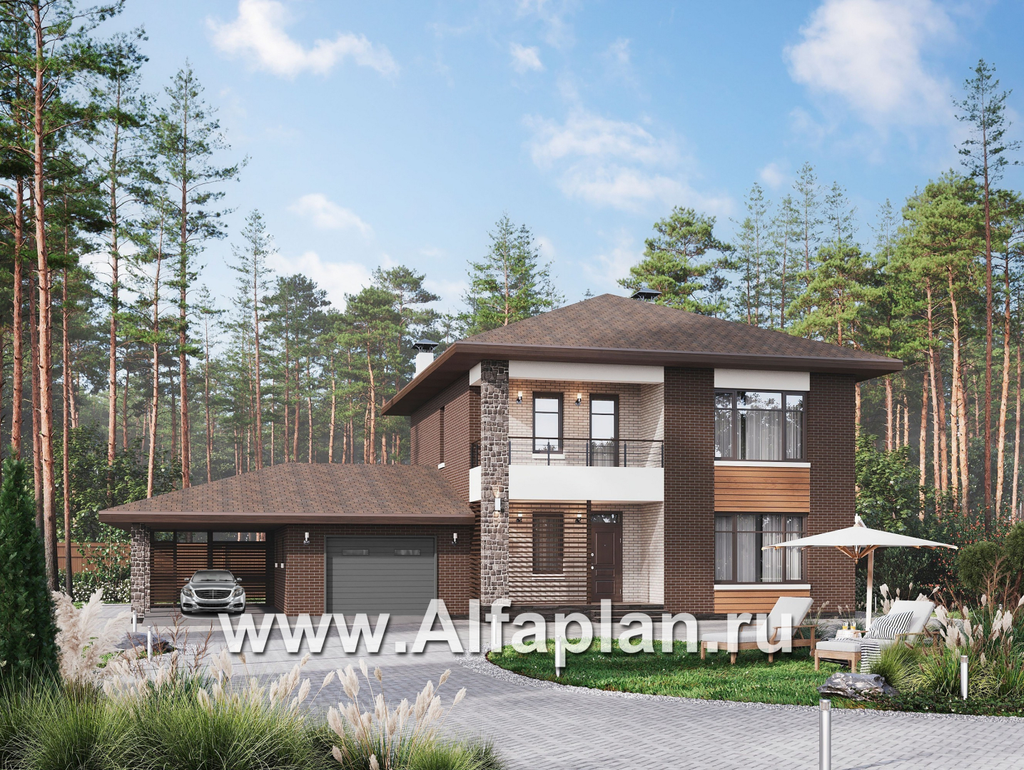 Проекты домов Альфаплан - "Селигер" - проект двухэтажного дома из газобетона, с гаражом на 2 авто - основное изображение