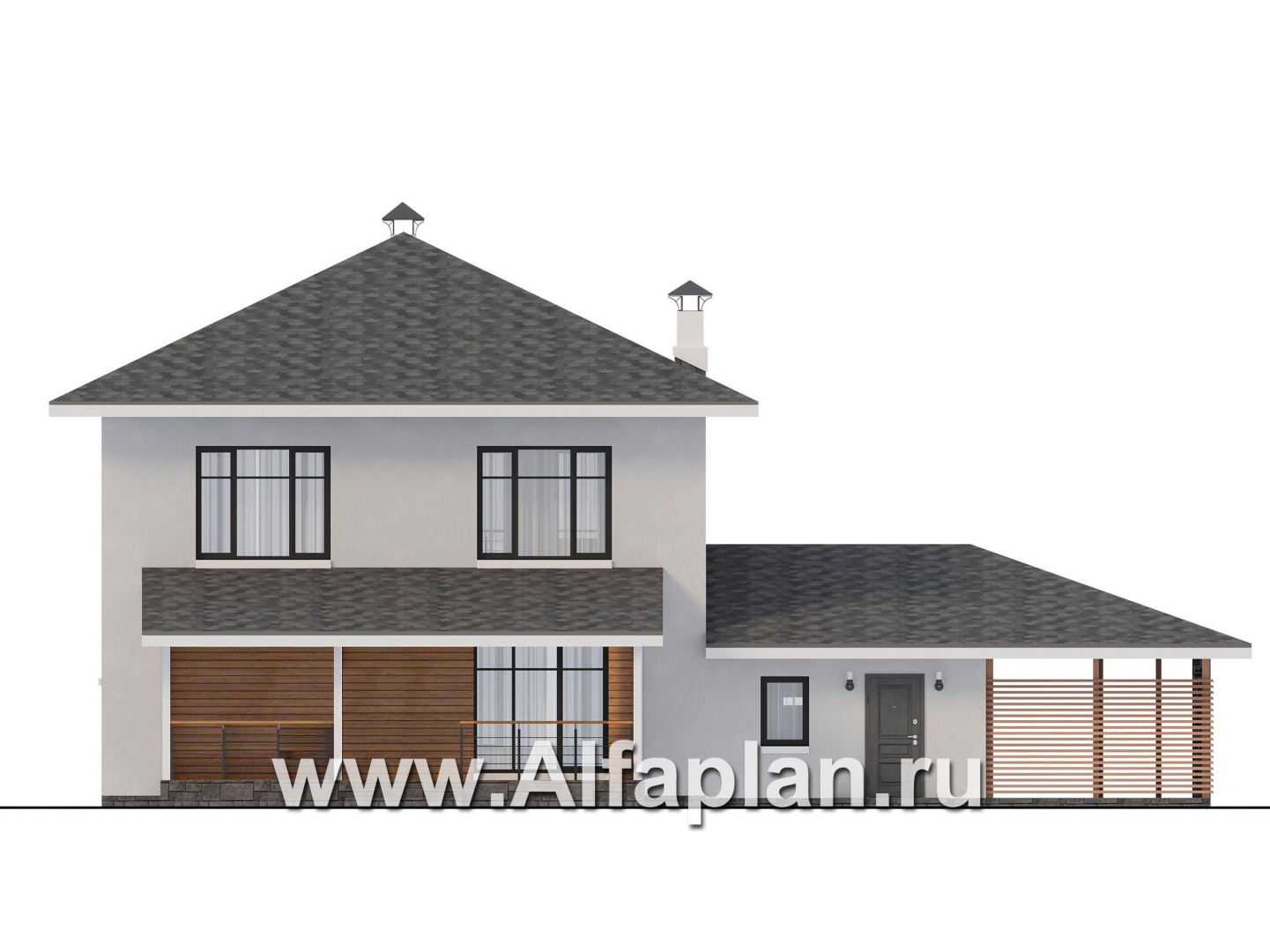 Проекты домов Альфаплан - "Селигер" - друхэтажный дом из газобетона, с гаражом, фасады из штукатурной системы - изображение фасада №4