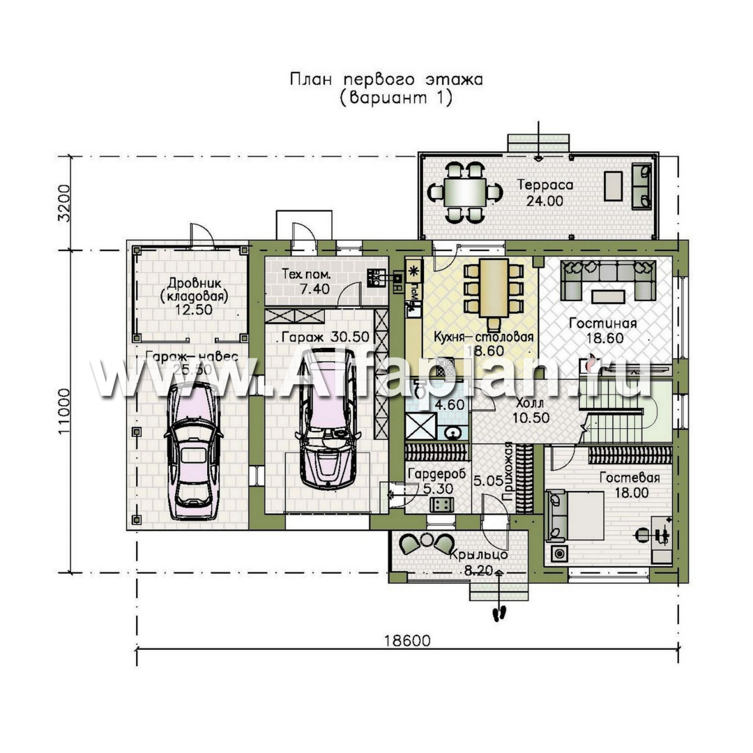 Проекты домов Альфаплан - "Селигер" - друхэтажный дом из газобетона, с гаражом, фасады из штукатурной системы - изображение плана проекта №1