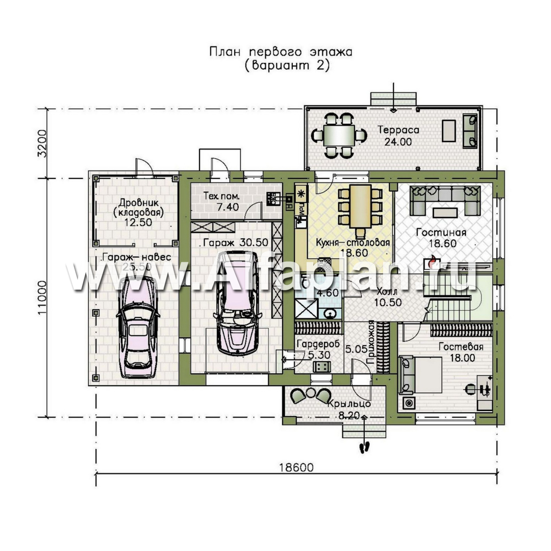Проекты домов Альфаплан - "Селигер" - друхэтажный дом из газобетона, с гаражом, фасады из штукатурной системы - план проекта №2