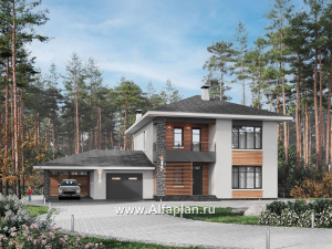 Проекты домов Альфаплан - "Селигер" - друхэтажный дом из газобетона, с гаражом, фасады из штукатурной системы - превью основного изображения