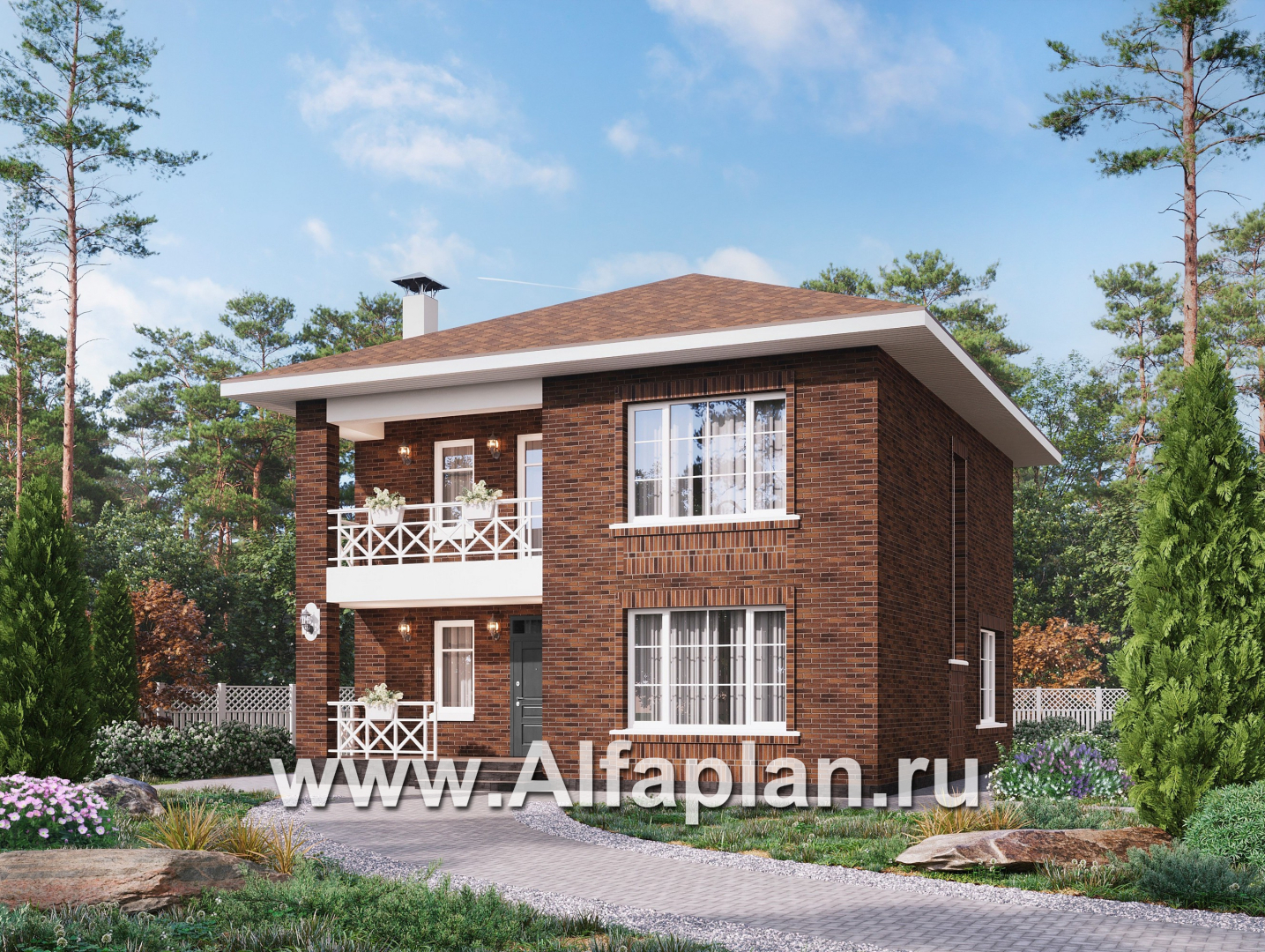 Проекты домов Альфаплан - "Сайма" - проект двухэтажного дома из кирпичей, с террасой, в баварском стиле - основное изображение