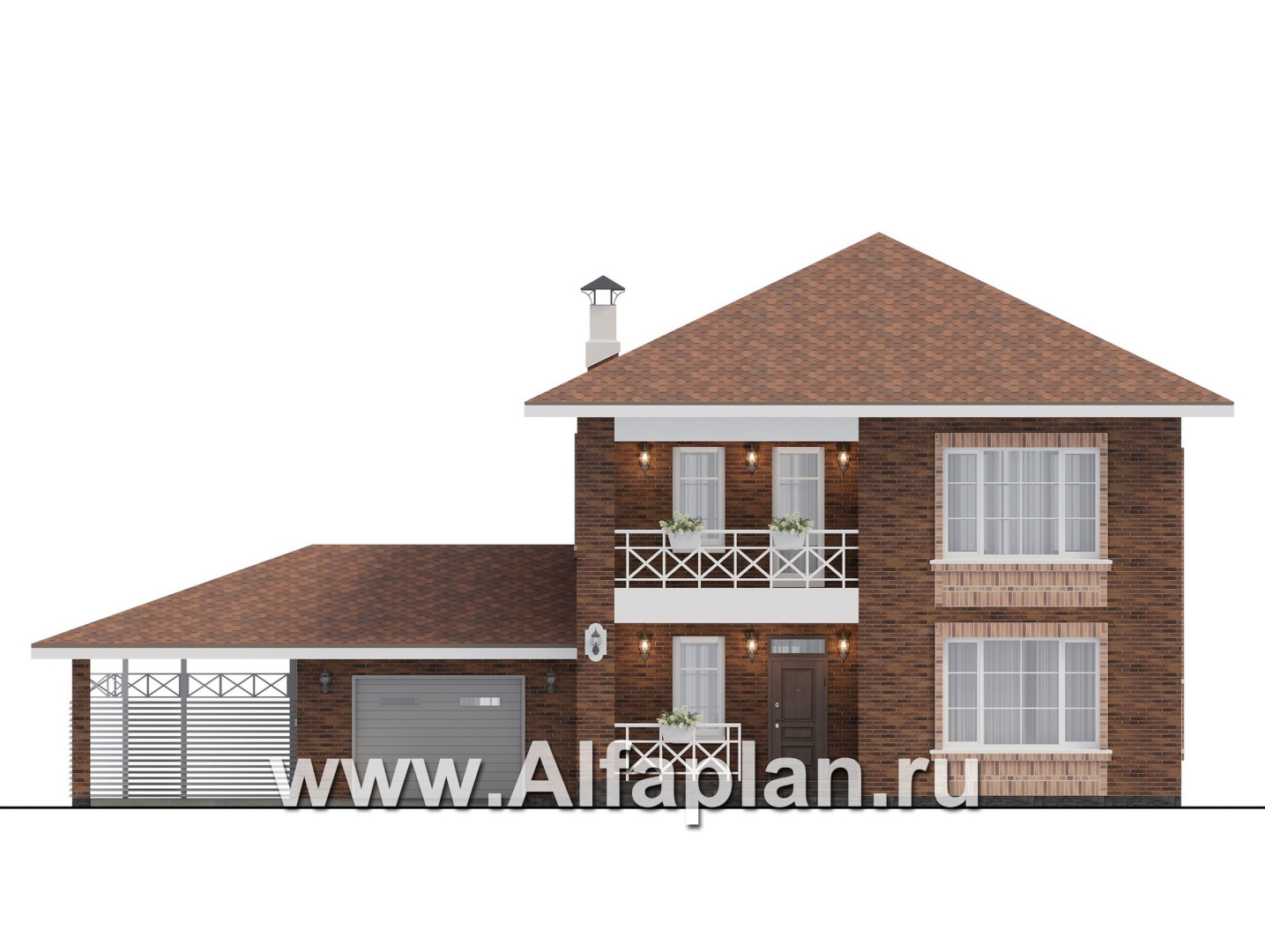 Проекты домов Альфаплан - "Сайма" - двухэтажный дом из кирпичей в баварском стиле, с гаражом - изображение фасада №1