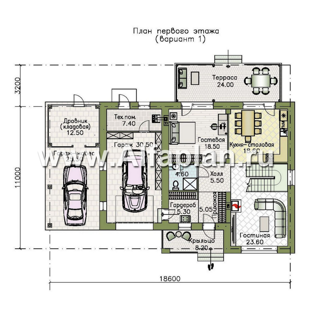«Ладога» - проект двухэтажного дома из газобетона, с террасой, планировка с гаражом - план дома