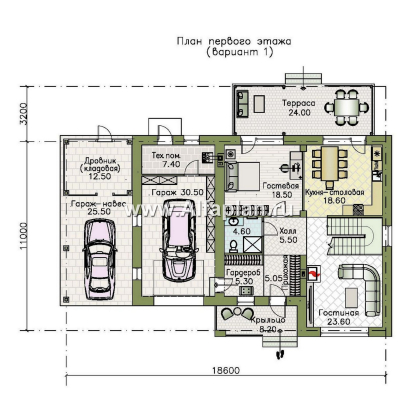 «Ладога» - проект двухэтажного дома из газобетона, с террасой, планировка с гаражом - превью план дома