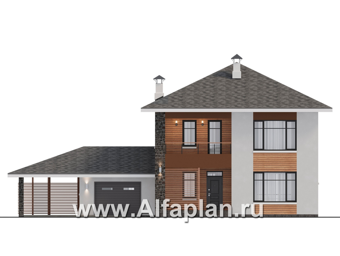 Проекты домов Альфаплан - "Ладога" - современный двухэтажный коттедж, штукатурные фасады, с гаражом - изображение фасада №1