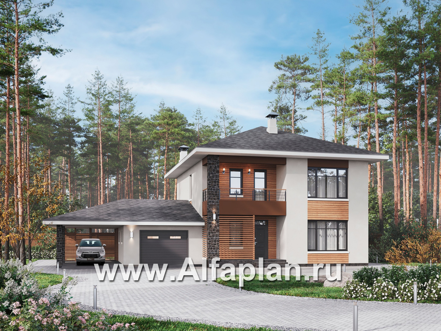 Проекты домов Альфаплан - "Ладога" - современный двухэтажный коттедж, штукатурные фасады, с гаражом - основное изображение