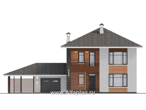 Проекты домов Альфаплан - "Ладога" - современный двухэтажный коттедж, штукатурные фасады, с гаражом - превью фасада №1