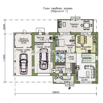 Проекты домов Альфаплан - "Ладога" - современный двухэтажный коттедж, штукатурные фасады, с гаражом - превью плана проекта №1
