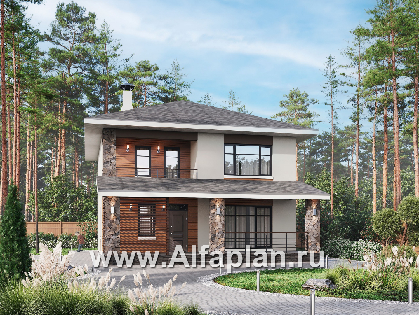 Проекты домов Альфаплан - "Отрадное" - проект двухэтажного дома из газобетона, с террасой на главном фасаде - основное изображение