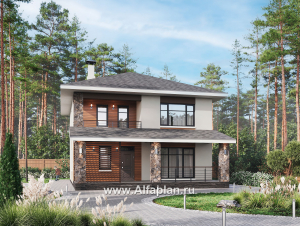 Проекты домов Альфаплан - "Отрадное" - проект двухэтажного дома из газобетона, с террасой на главном фасаде - превью основного изображения