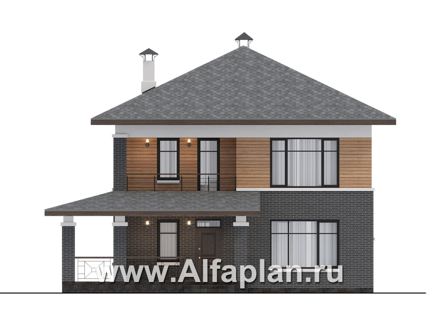 Проекты домов Альфаплан - "Отрадное" - дизайн дома в стиле Райта, с террасой на главном фасаде - изображение фасада №1