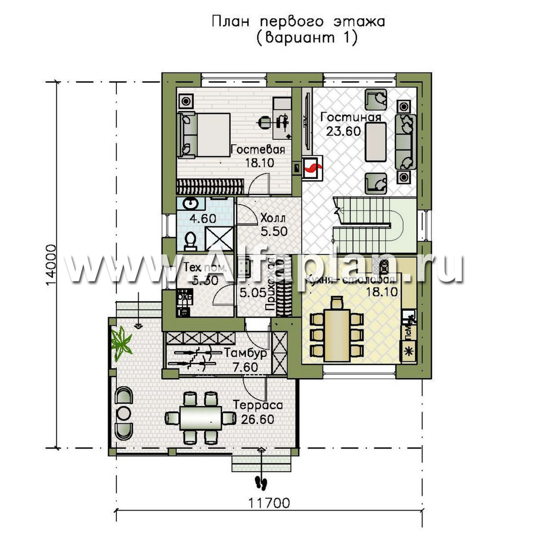 Проекты домов Альфаплан - "Отрадное" - дизайн дома в стиле Райта, с террасой на главном фасаде - план проекта №1