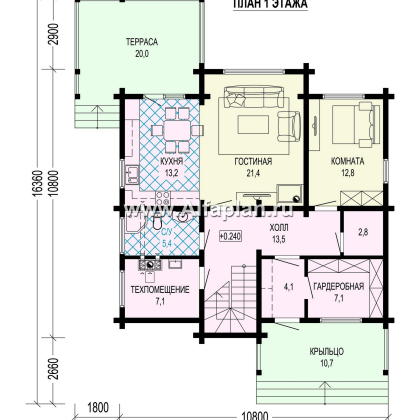 Проект двухэтажного дома из клееного бруса, планировка со спальней на 1 эт, с террасой - превью план дома