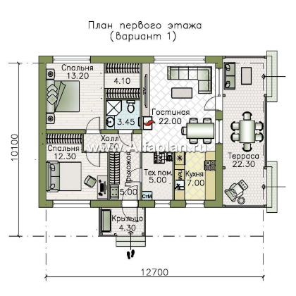 «Литен» - проект простого одноэтажного дома, планировка 2 спальни, с террасой и двускатной крышей - превью план дома