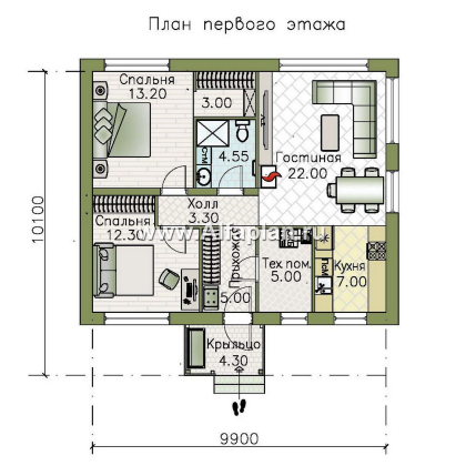 «Литен» - проект простого одноэтажного дома, планировка 2 спальни, с двускатной крышей - превью план дома