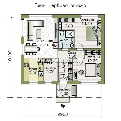 «Литен» - проект простого одноэтажного дома, планировка 2 спальни, с двускатной крышей - превью план дома