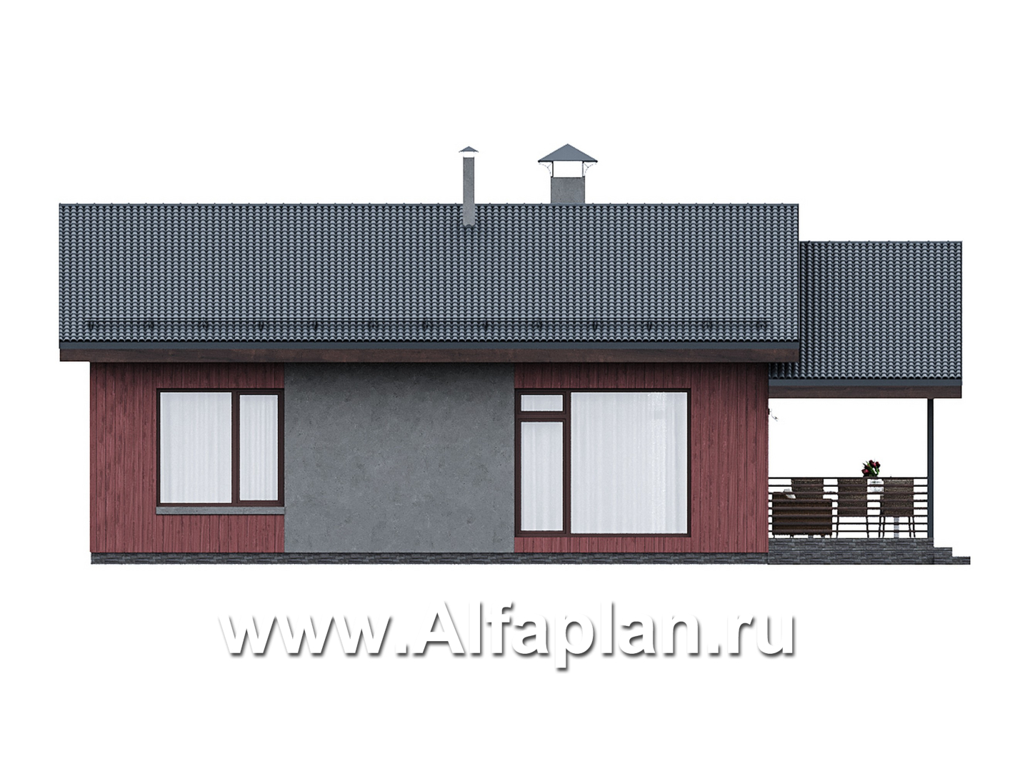 Проекты домов Альфаплан - "Литен" - проект простого одноэтажного дома с комфортной планировкой, с террасой - изображение фасада №4