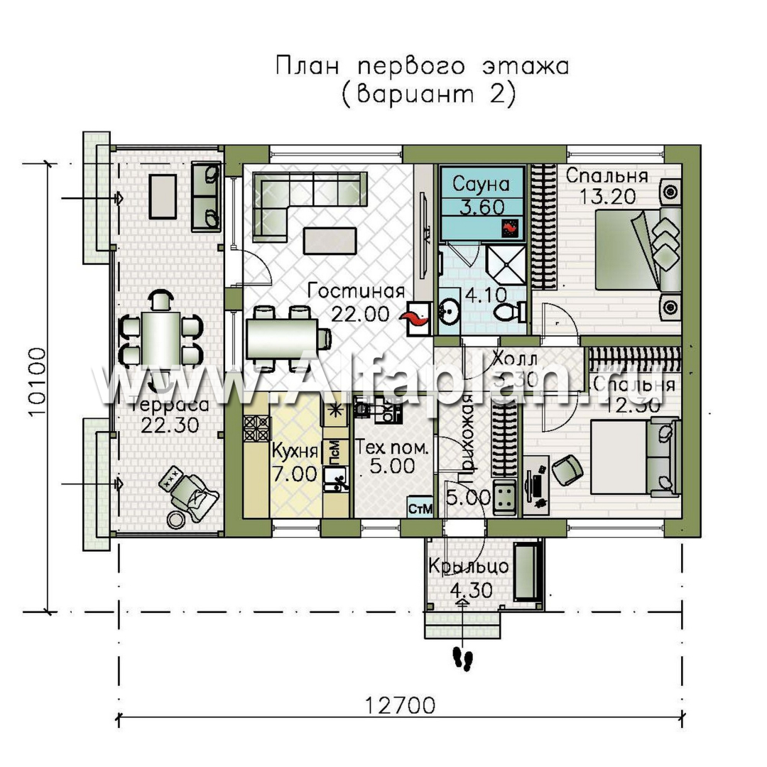 Проекты домов Альфаплан - "Литен" - проект простого одноэтажного дома с комфортной планировкой, с террасой - изображение плана проекта №2