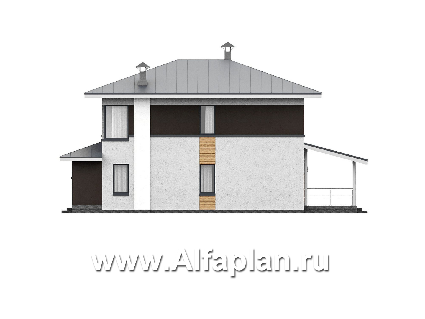 Проекты домов Альфаплан - "Генезис" - проект дома, 2 этажа, с остекленной террасой в стиле Райта - изображение фасада №2