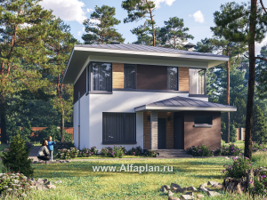 Проекты домов Альфаплан - "Генезис" - проект дома, 2 этажа, с остекленной террасой в стиле Райта - превью основного изображения