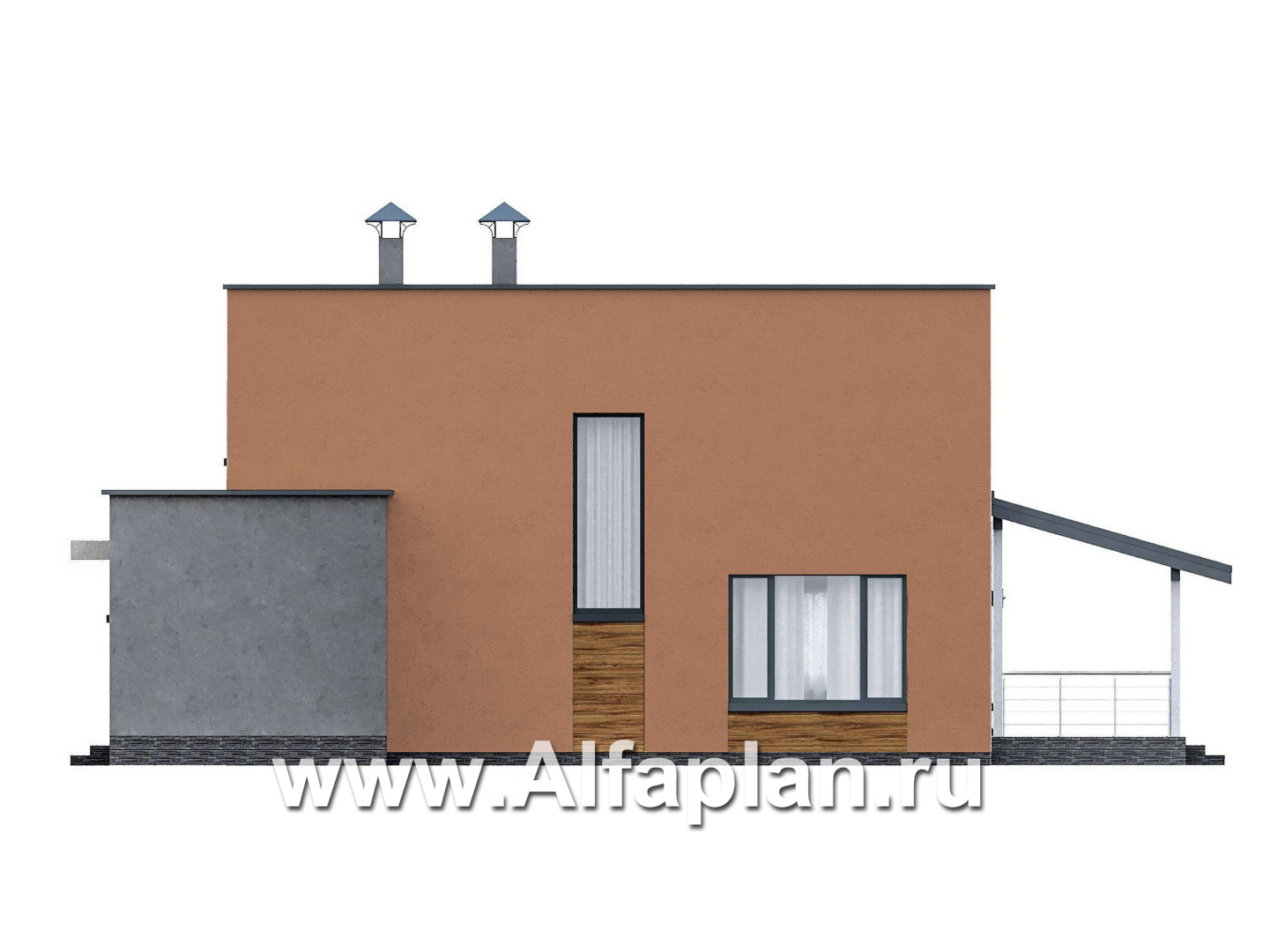 Проекты домов Альфаплан - "Коронадо" - проект дома, 2 этажа, с террасой и плоской крышей, мастер спальня, в стиле хай-тек - изображение фасада №2