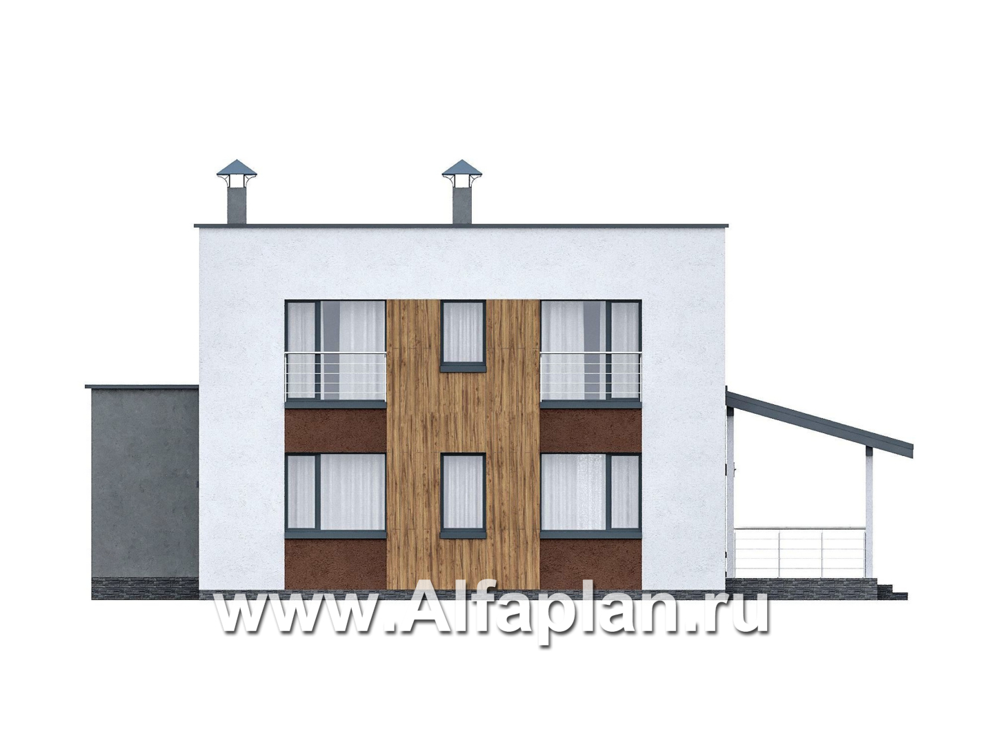 Проекты домов Альфаплан - "Коронадо" - проект дома, 2 этажа, с террасой сбоку и плоской крышей, мастер спальня, в стиле хай-тек - изображение фасада №4