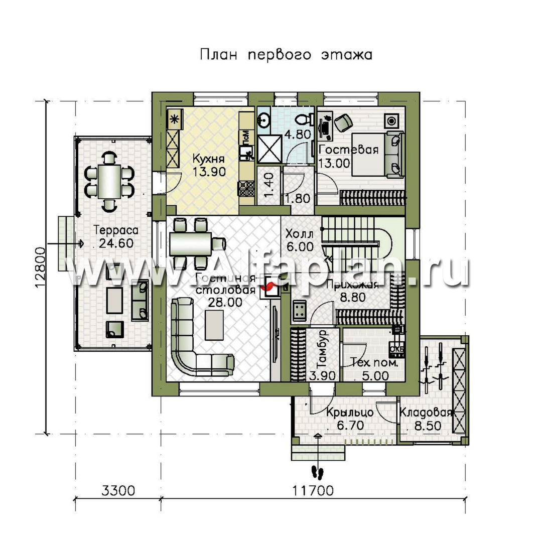 Проекты домов Альфаплан - "Коронадо" - проект дома, 2 этажа, с террасой сбоку и плоской крышей, мастер спальня, в стиле хай-тек - изображение плана проекта №1