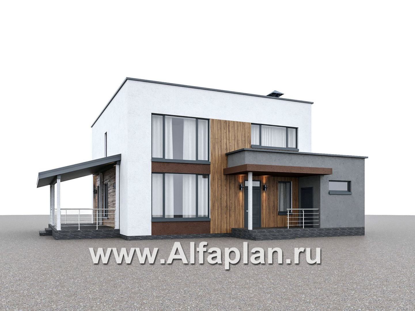 Проекты домов Альфаплан - "Коронадо" - проект дома, 2 этажа, с террасой сбоку и плоской крышей, мастер спальня, в стиле хай-тек - дополнительное изображение №1