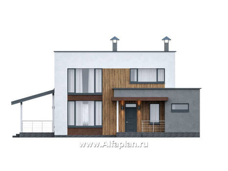 Проекты домов Альфаплан - "Коронадо" - проект дома, 2 этажа, с террасой сбоку и плоской крышей, мастер спальня, в стиле хай-тек - превью фасада №1