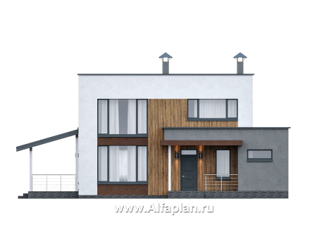 «Коронадо» - проект дома, 2 этажа, с террасой сбоку и плоской крышей, мастер спальня, в стиле хай-тек - превью фасада дома