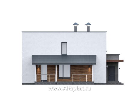 Проекты домов Альфаплан - "Коронадо" - проект дома, 2 этажа, с террасой сбоку и плоской крышей, мастер спальня, в стиле хай-тек - превью фасада №3