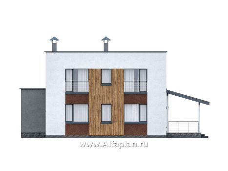 Проекты домов Альфаплан - "Коронадо" - проект дома, 2 этажа, с террасой сбоку и плоской крышей, мастер спальня, в стиле хай-тек - превью фасада №4