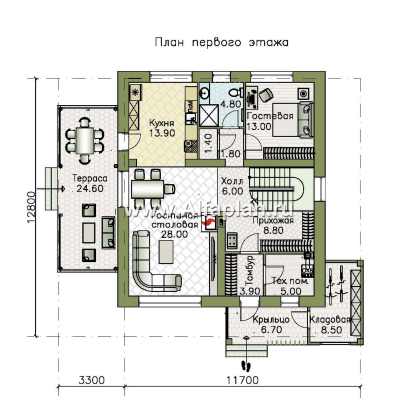 Проекты домов Альфаплан - "Коронадо" - проект дома, 2 этажа, с террасой сбоку и плоской крышей, мастер спальня, в стиле хай-тек - превью плана проекта №1