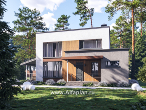 Проекты домов Альфаплан - "Коронадо" - проект дома, 2 этажа, с террасой сбоку и плоской крышей, мастер спальня, в стиле хай-тек - превью основного изображения