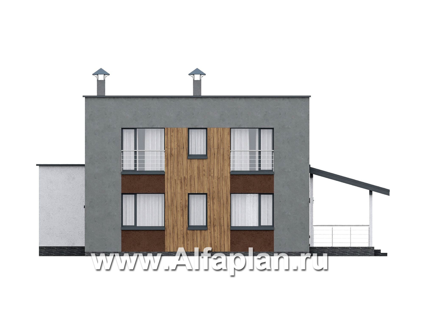 Проекты домов Альфаплан - "Коронадо" - проект дома, 2 этажа, со вторым светом гостиной, с террасой и плоской крышей, в стиле хай-тек - изображение фасада №4