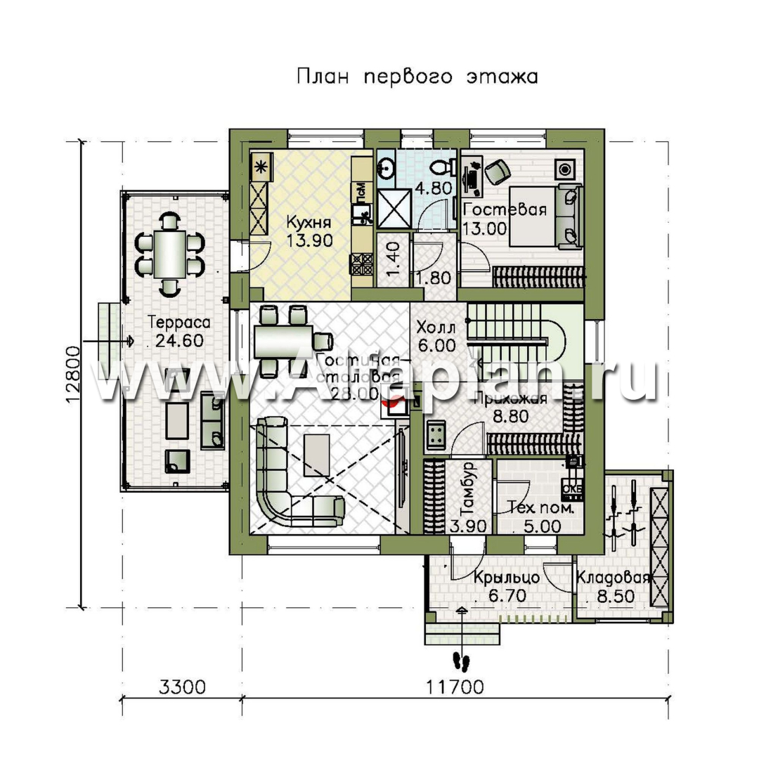 Проекты домов Альфаплан - "Коронадо" - проект дома, 2 этажа, со вторым светом гостиной, с террасой и плоской крышей, в стиле хай-тек - изображение плана проекта №1