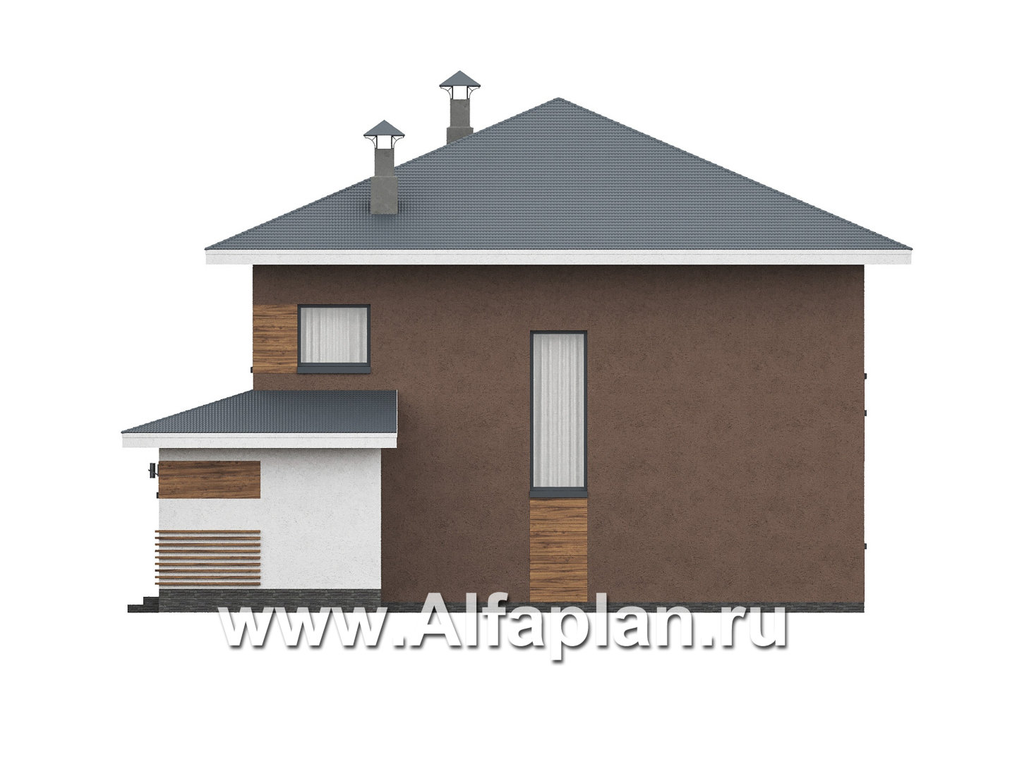 Проекты домов Альфаплан - "Чистая линия"  - проект дома, 2 этажа, с двусветной гостиной, с террасой, в современном стиле - изображение фасада №2