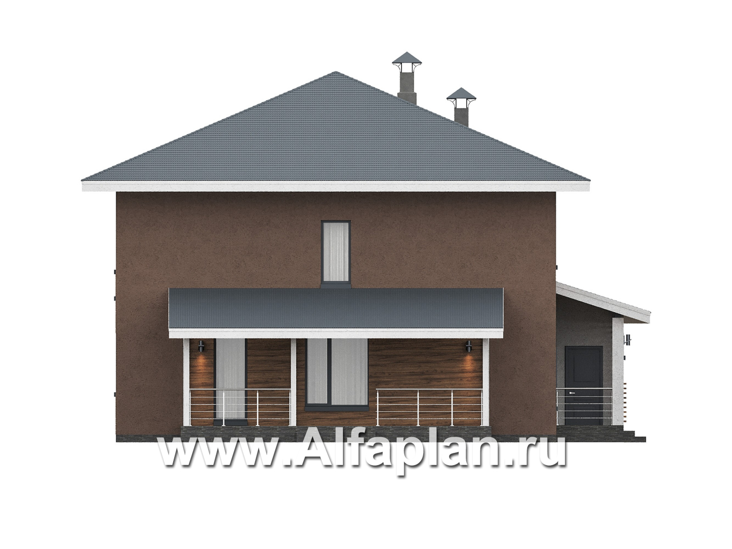 Проекты домов Альфаплан - "Чистая линия"  - проект дома, 2 этажа, с двусветной гостиной, с террасой, в современном стиле - изображение фасада №3