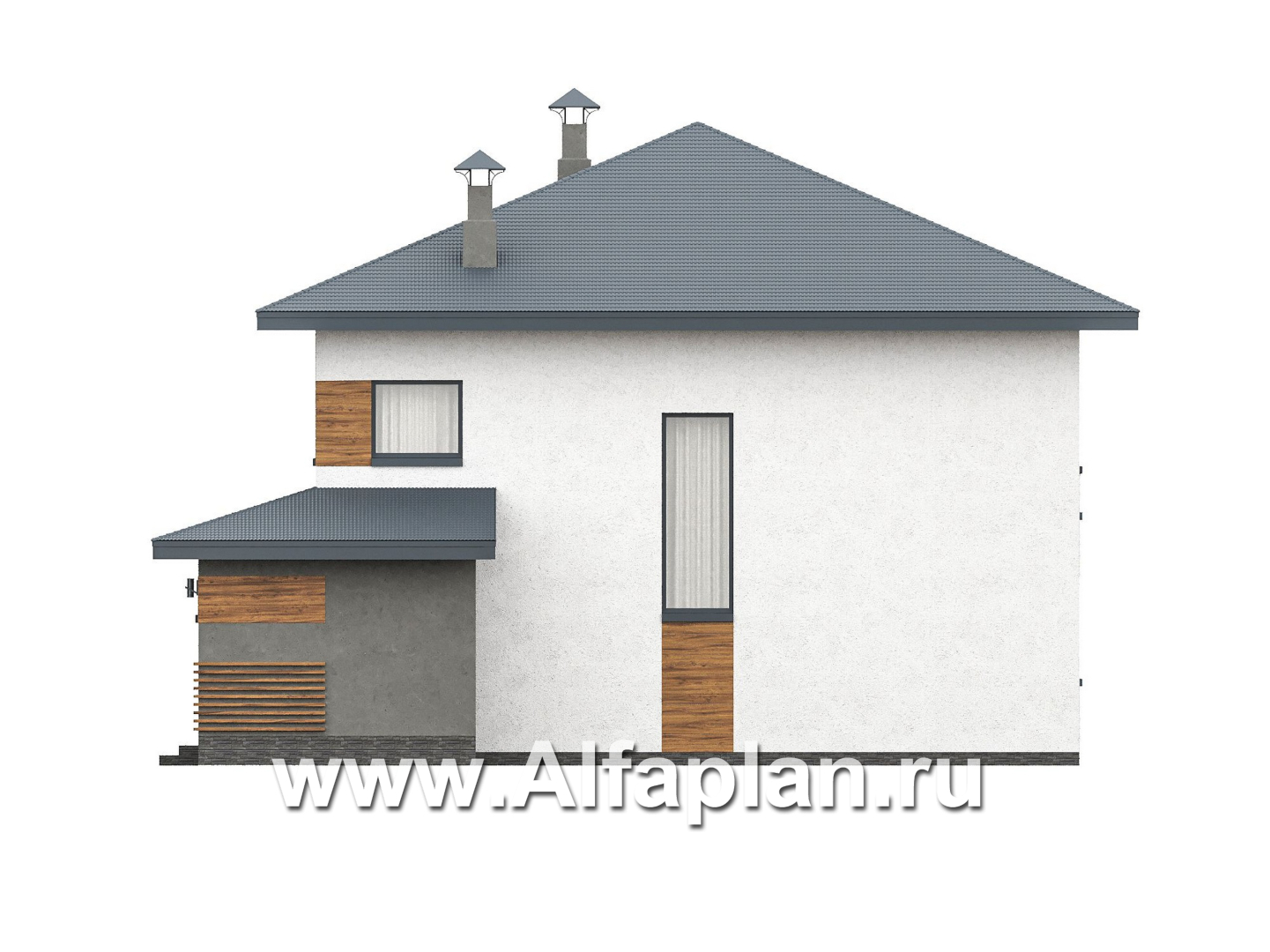Проекты домов Альфаплан - "Чистая линия"  - проект дома, 2 этажа, с двусветной гостиной, с террасой, в современном стиле - изображение фасада №6