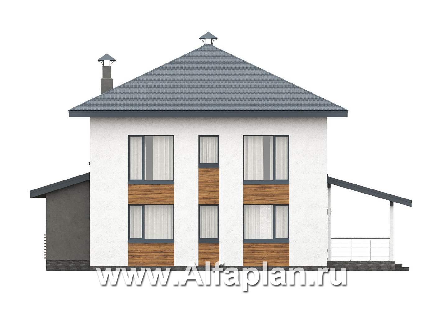 Проекты домов Альфаплан - "Чистая линия"  - проект дома, 2 этажа, с двусветной гостиной, с террасой, в современном стиле - изображение фасада №8