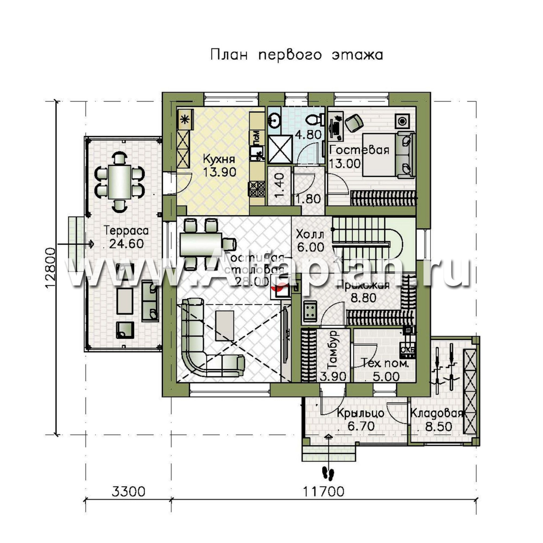 Проекты домов Альфаплан - "Чистая линия"  - проект дома, 2 этажа, с двусветной гостиной, с террасой, в современном стиле - план проекта №1