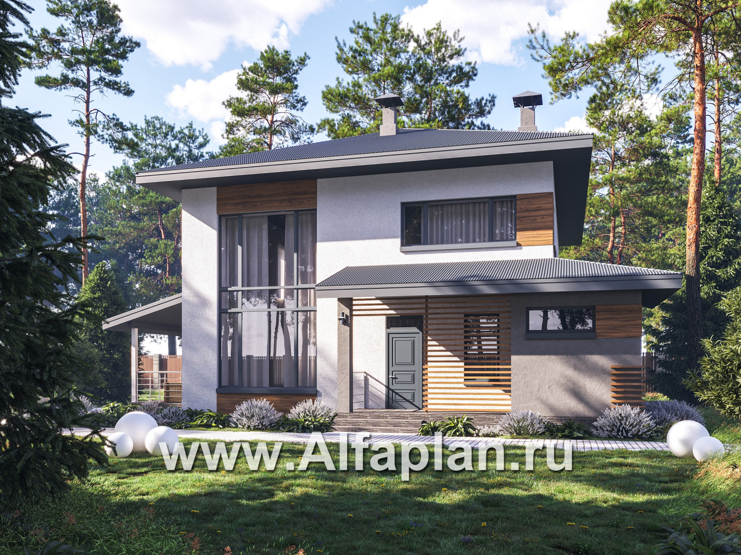 Проекты домов Альфаплан - "Чистая линия"  - проект дома, 2 этажа, с двусветной гостиной, с террасой, в современном стиле - основное изображение